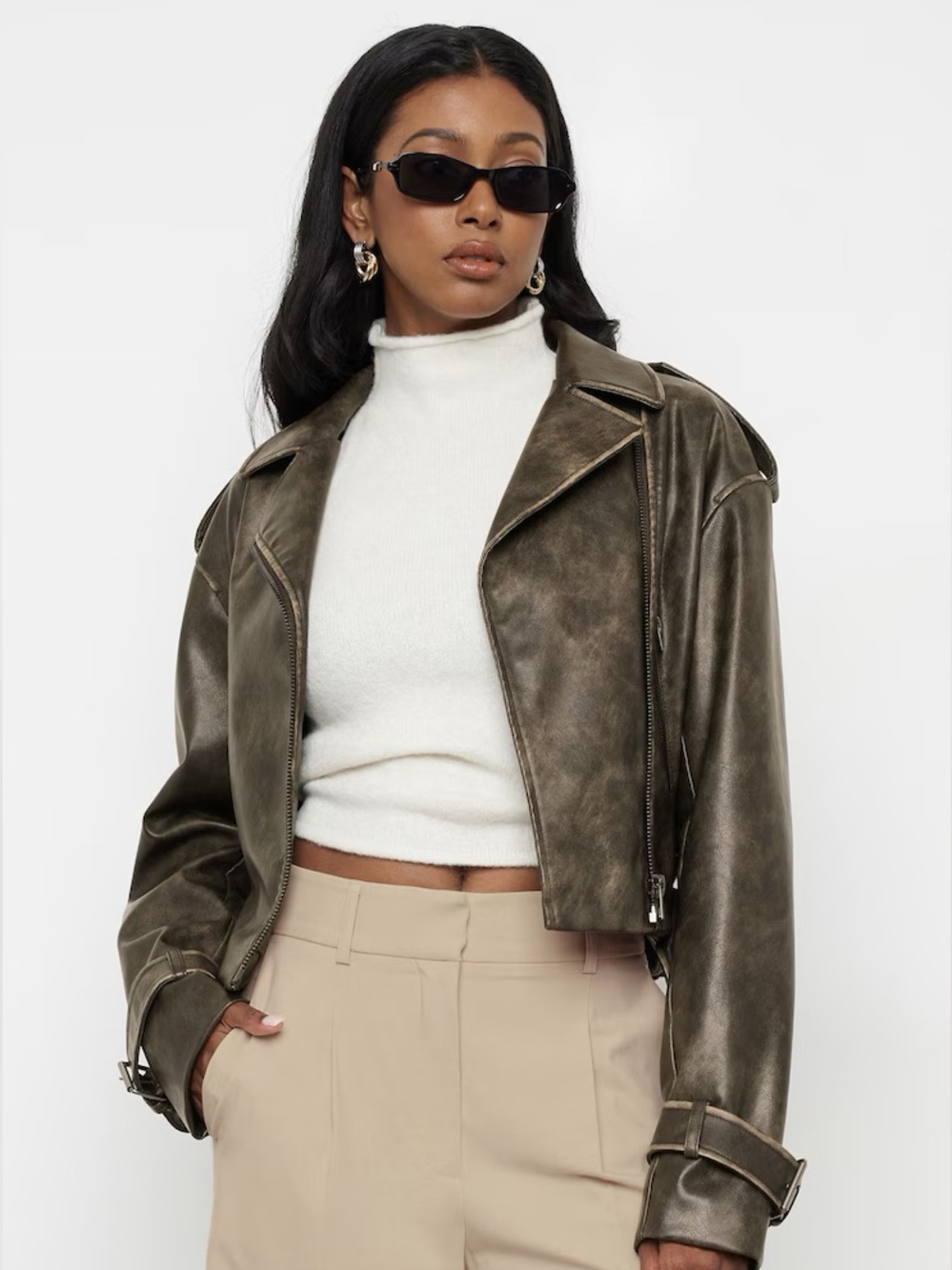 Like New - Medium - Dynamite Belted Faded Faux-Leather Brown Moto Jacket